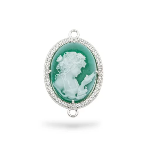 925 Silver Connector Component Handgraved Natural Agate Cameo MADE IN ITALY 20x25mm 1pc Green MOD5