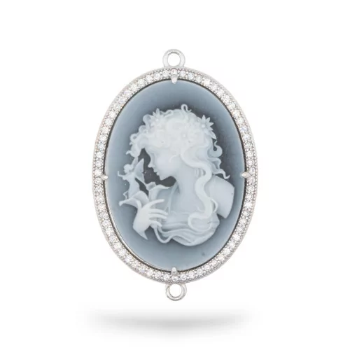 Εξάρτημα σύνδεσης από 925 Silver Natural Agate Cameo Hand Engraved MADE IN ITALY Oval 26x34mm 1pc Μαύρο MOD1