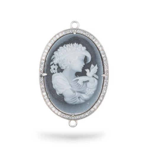 Εξάρτημα σύνδεσης από 925 Silver Natural Agate Cameo χαραγμένο στο χέρι MADE IN ITALY Oval 26x34mm 1pc Μαύρο MOD5