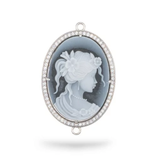 Εξάρτημα σύνδεσης από 925 Silver Natural Agate Cameo χαραγμένο στο χέρι MADE IN ITALY Oval 26x34mm 1pc Μαύρο MOD6