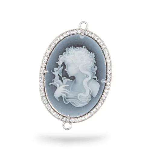 Εξάρτημα σύνδεσης από 925 Silver Natural Agate Cameo χαραγμένο στο χέρι MADE IN ITALY Oval 26x34mm 1pc Μαύρο MOD7