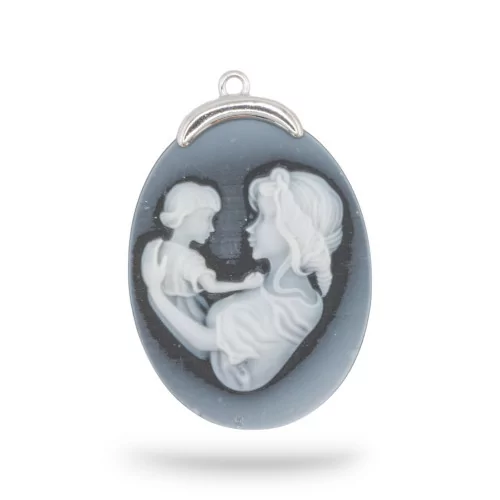 Εξάρτημα σύνδεσης από 925 Silver Natural Agate Cameo χαραγμένο στο χέρι MADE IN ITALY Oval 27x37mm 1pc Μαύρο MOD4