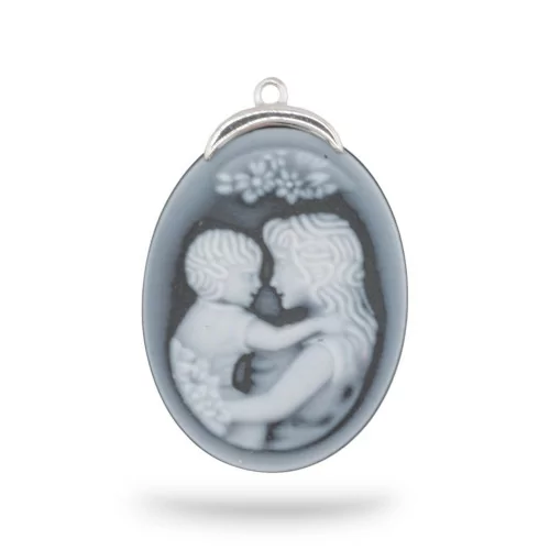 Εξάρτημα σύνδεσης από 925 Silver Natural Agate Cameo χαραγμένο στο χέρι MADE IN ITALY Oval 27x37mm 1pc Μαύρο MOD7