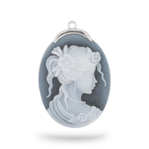 Εξάρτημα σύνδεσης από 925 Silver Natural Agate Cameo χαραγμένο στο χέρι MADE IN ITALY Oval 27x37mm 1pc Μαύρο MOD8