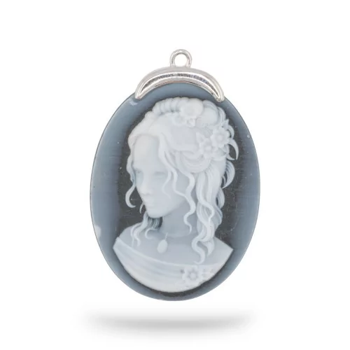 925 Silver Connector Component Natural Agate Cameo Hand Engraved MADE IN ITALY Oval 27x37mm 1pc Black MOD9