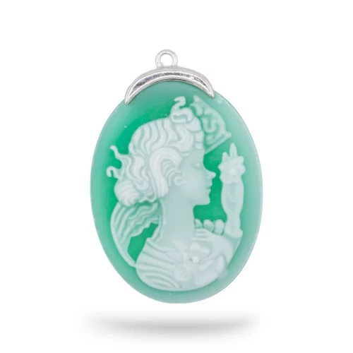 Εξάρτημα σύνδεσης από 925 Silver Natural Agate Cameo χαραγμένο στο χέρι MADE IN ITALY Oval 27x37mm 1pc Πράσινο MOD1