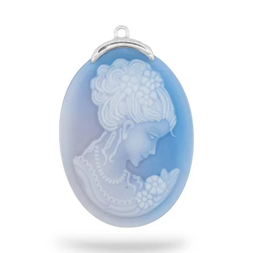 Εξάρτημα σύνδεσης από 925 Silver Natural Agate Cameo χαραγμένο στο χέρι MADE IN ITALY Oval 30x42mm 1pc Μπλε MOD4