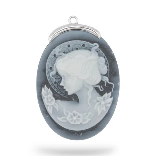 Εξάρτημα σύνδεσης από 925 Silver Natural Agate Cameo χαραγμένο στο χέρι MADE IN ITALY Oval 30x42mm 1pc Μαύρο MOD1