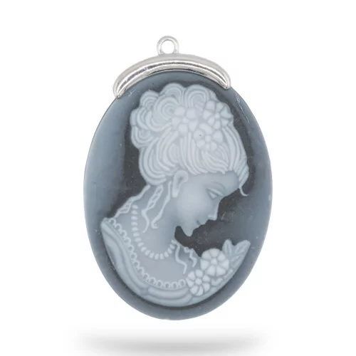 Εξάρτημα σύνδεσης από 925 Silver Natural Agate Cameo χαραγμένο στο χέρι MADE IN ITALY Oval 30x42mm 1pc Μαύρο MOD2