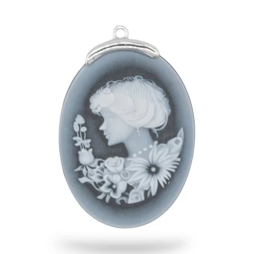 925 Silver Connector Component Natural Agate Cameo Hand Engraved MADE IN ITALY Oval 30x42mm 1pc Black MOD4