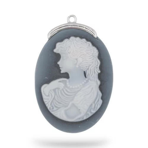 Εξάρτημα σύνδεσης από 925 Silver Natural Agate Cameo χαραγμένο στο χέρι MADE IN ITALY Oval 30x42mm 1pc Μαύρο MOD5