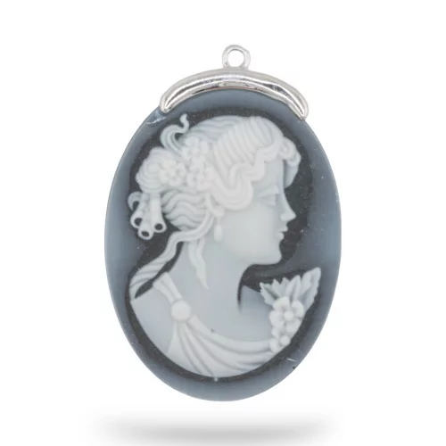 Εξάρτημα σύνδεσης από 925 Silver Natural Agate Cameo χαραγμένο στο χέρι MADE IN ITALY Oval 30x42mm 1pc Μαύρο MOD6