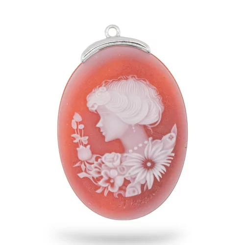 925 Silver Connector Component Natural Agate Cameo Hand Engraved MADE IN ITALY Oval 30x42mm 1pc Red MOD1