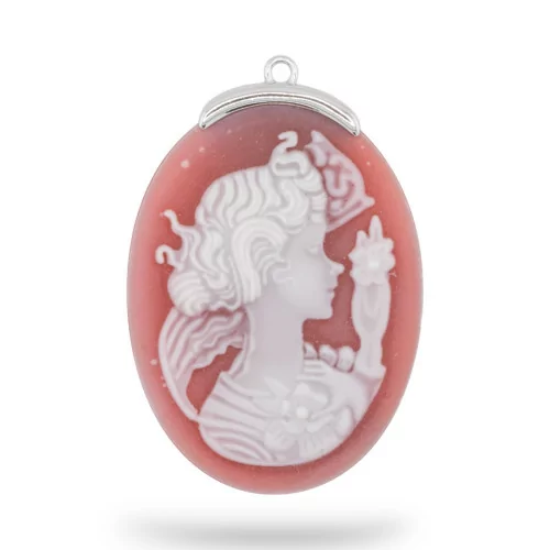 Εξάρτημα σύνδεσης από 925 Silver Natural Agate Cameo χαραγμένο στο χέρι MADE IN ITALY Oval 30x42mm 1pc Red MOD2