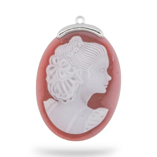 925 Silver Connector Component Natural Agate Cameo Hand Engraved MADE IN ITALY Oval 30x42mm 1pc Red MOD3