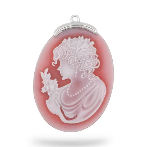 Εξάρτημα σύνδεσης από 925 Silver Natural Agate Cameo χαραγμένο στο χέρι MADE IN ITALY Oval 30x42mm 1pc Red MOD6