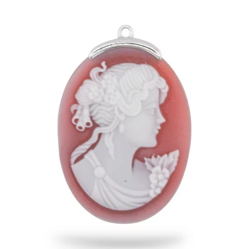 Εξάρτημα σύνδεσης από 925 Silver Natural Agate Cameo χαραγμένο στο χέρι MADE IN ITALY Oval 30x42mm 1pc Red MOD7