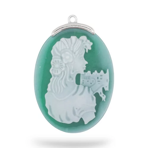 Εξάρτημα σύνδεσης από 925 Silver Natural Agate Cameo χαραγμένο στο χέρι MADE IN ITALY Oval 30x42mm 1pc Πράσινο MOD1