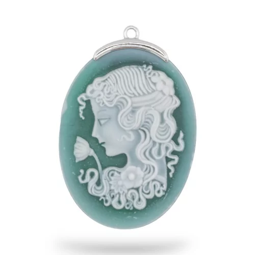 Εξάρτημα σύνδεσης από 925 Silver Natural Agate Cameo χαραγμένο στο χέρι MADE IN ITALY Oval 30x42mm 1pc Πράσινο MOD5