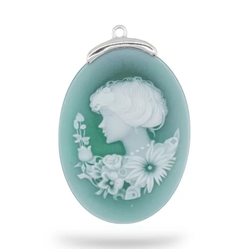 925 Silver Connector Component Natural Agate Cameo Hand Engraved MADE IN ITALY Oval 30x42mm 1pc Green MOD9