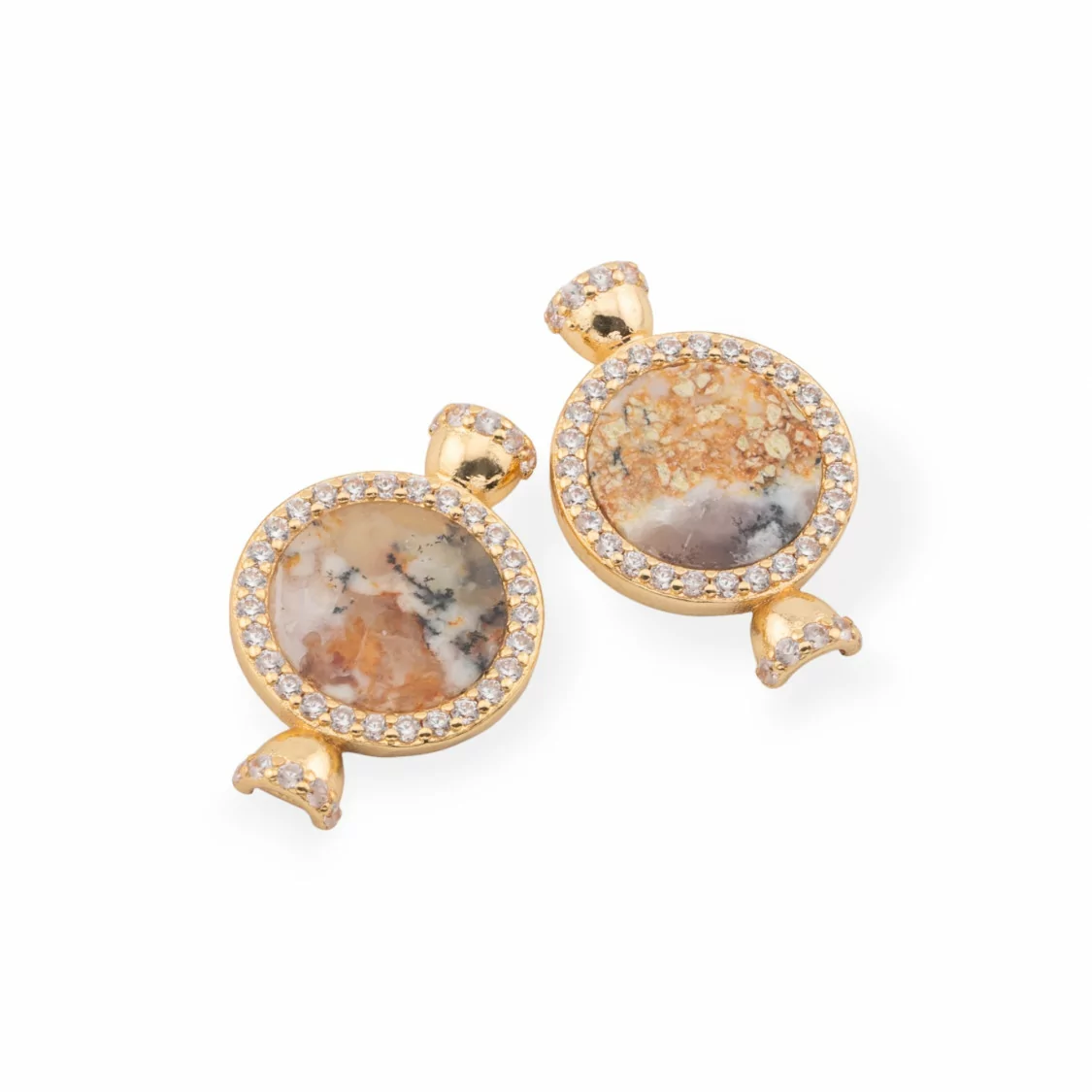 Connettore Componente Di Ottone Con Pietre Dure Incastonate Con Zirconi e Coppette 16x25mm 6pz Dorato Agata Oceanica-CABOCHON BORDATI E INCASTONATI | Worldofjewel.com