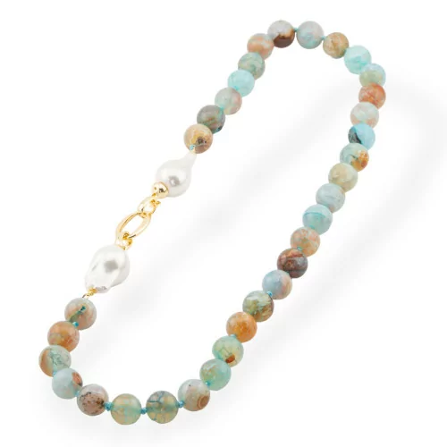 Necklace Of Hard Stones With Pearls Of Mallorca And Bronze 12mm Length 55cm Agate Celeste Mix