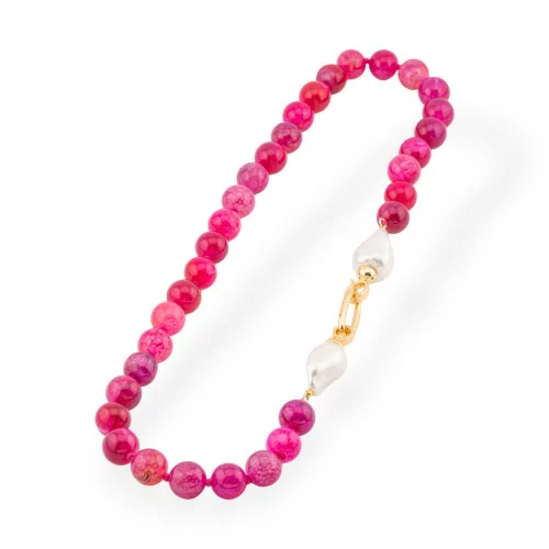 Collar De Piedras Semipreciosas Con Perlas De Mallorca Y Ágata Fucsia De Bronce De 12 Mm De Longitud 55 Cm