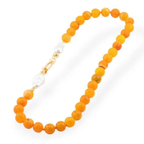 Collier Pierre Semi-Précieuse Avec Perles De Majorque Et Bronze 12mm Longueur 55cm Agate Jaune