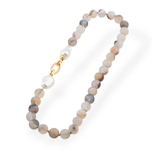 Collier Pierre Semi-Précieuse Avec Perles De Majorque Et Bronze 12mm Longueur 55cm Agate Grise