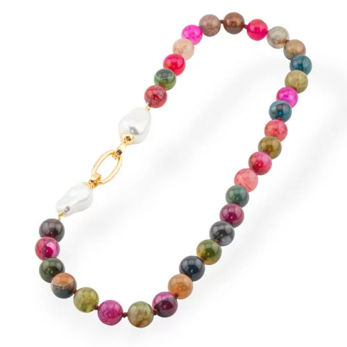 Necklace Of Hard Stones With Pearls Of Mallorca And Bronze 12mm Length 55cm Agate Mix 3