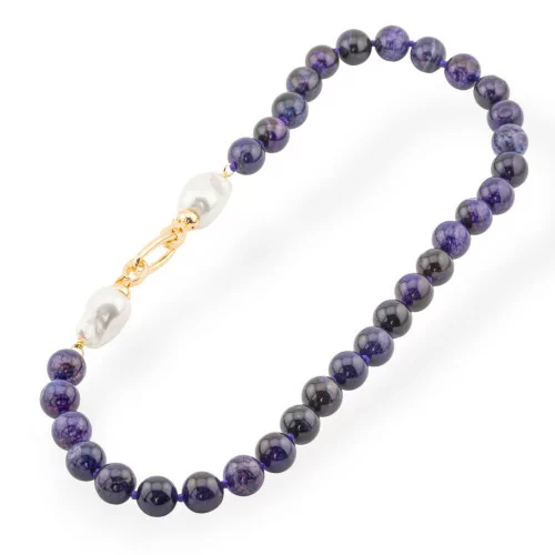 Collier Pierre Semi-Précieuse Avec Perles De Majorque Et Bronze 12mm Longueur 55cm Agate Violette