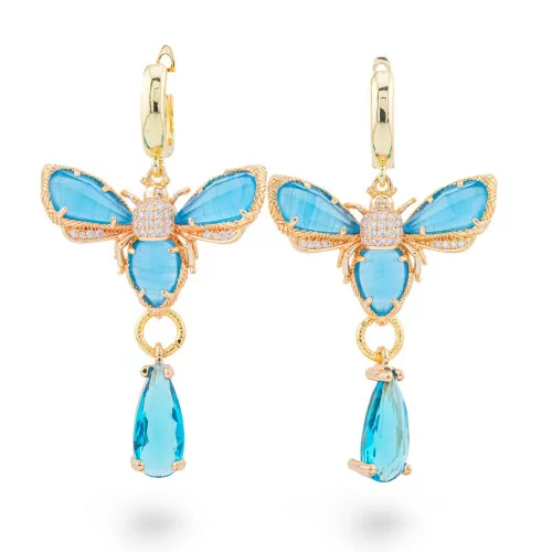 Bronze Stud Earrings With Zircons And Cat's Eye Butterfly And Light Blue Drop