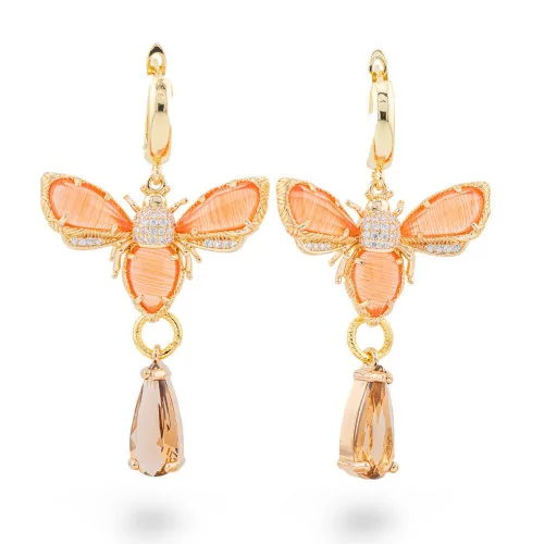 Bronze Stud Earrings With Zircons And Cat's Eye Butterfly And Peach Drop