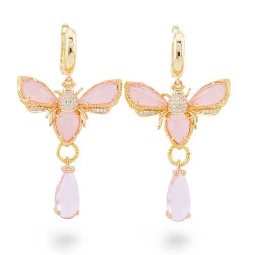 Boucles D'oreilles Puces En Bronze Avec Zircons Et Papillon Oeil De Chat Et Goutte Rose