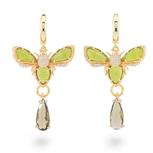 Boucles D'oreilles Puces En Bronze Avec Zircons Et Papillon Oeil De Chat Et Goutte Vert Acide