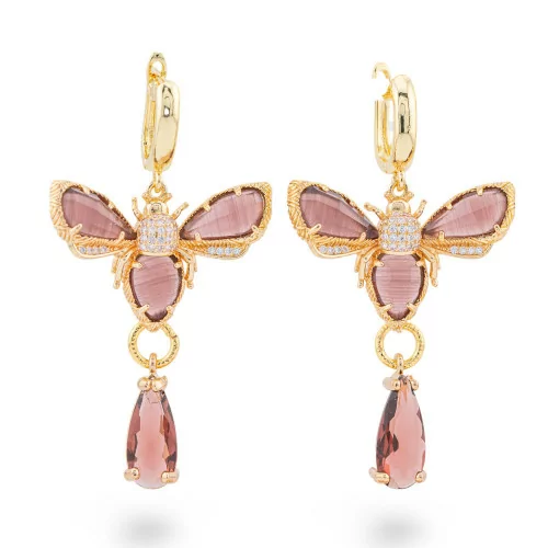 Boucles D'oreilles Puces En Bronze Avec Zircons Et Papillon Oeil De Chat Et Goutte Violette