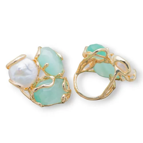 Bronze Ring AURORA Collection 32x36mm With Cat's Eye Adjustable Size With Golden River Pearls Aqua Green