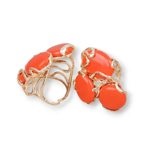 Anillo de Bronce Colección AURORA 32x36mm Con Piedras Semipreciosas Tamaño Ajustable Pasta de Coral Dorado