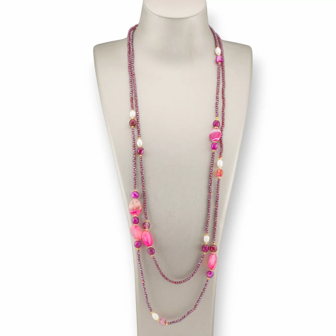 Collana Bijoux Charlestone Di Cristalli CZ Con Pietre Dure E Perle Di Fiume Con Ematite 160cm MOD42 Agata Fucsia Striata-DESIGN ITALY | Worldofjewel.com