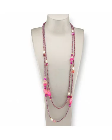 Collana Bijoux Charlestone Di Cristalli CZ Con Pietre Dure E Perle Di Fiume Con Ematite 160cm MOD42 Agata Fucsia Striata-DESIGN ITALY | Worldofjewel.com