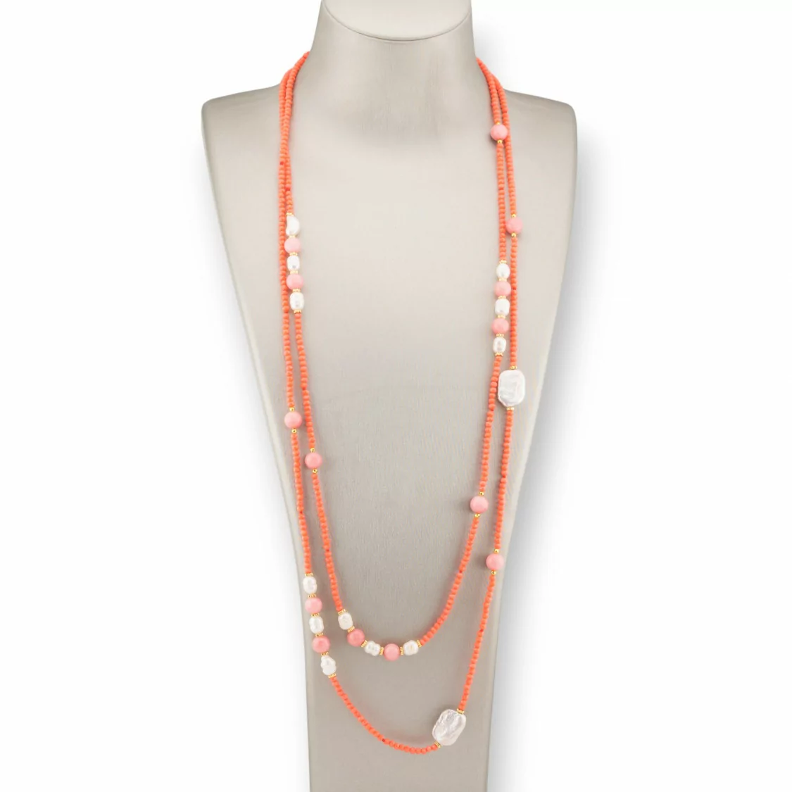 Collana Bijoux Charlestone Di Cristalli CZ Con Pietre Dure E Perle Di Fiume Con Ematite 160cm Arancio-DESIGN ITALY | Worldofjewel.com