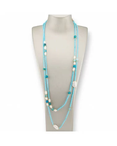 Collana Bijoux Charlestone Di Cristalli CZ Con Pietre Dure E Perle Di Fiume Con Ematite 160cm Azzurro-DESIGN ITALY | Worldofjewel.com