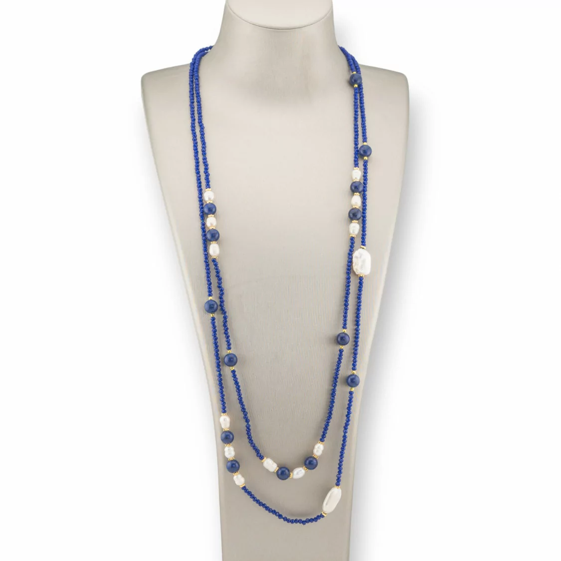 Collana Bijoux Charlestone Di Cristalli CZ Con Pietre Dure E Perle Di Fiume Con Ematite 160cm Blu-DESIGN ITALY | Worldofjewel.com