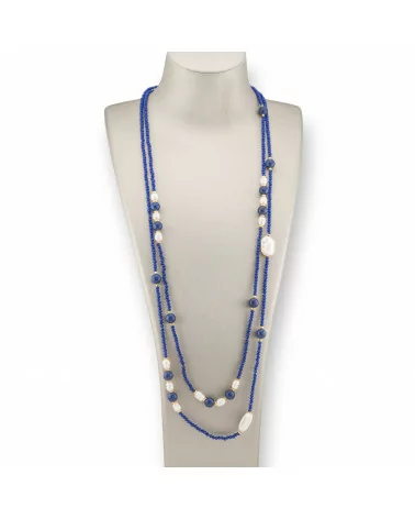 Collana Bijoux Charlestone Di Cristalli CZ Con Pietre Dure E Perle Di Fiume Con Ematite 160cm Blu-DESIGN ITALY | Worldofjewel.com