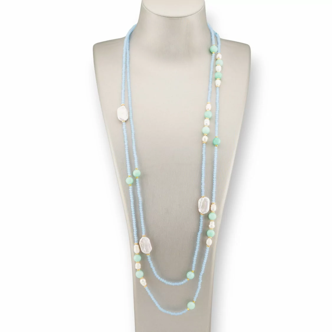 Collana Bijoux Charlestone Di Cristalli CZ Con Pietre Dure E Perle Di Fiume Con Ematite 160cm Celeste-DESIGN ITALY | Worldofjewel.com