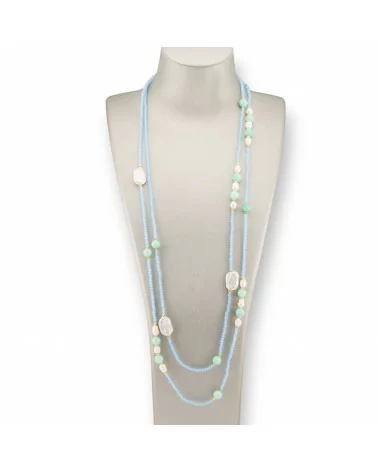 Collana Bijoux Charlestone Di Cristalli CZ Con Pietre Dure E Perle Di Fiume Con Ematite 160cm Celeste-DESIGN ITALY | Worldofjewel.com