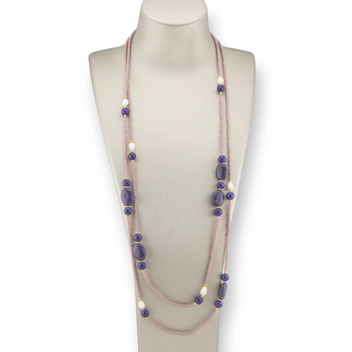 Collana Bijoux Charlestone Di Cristalli CZ Con Pietre Dure E Perle Di Fiume Con Ematite 160cm MOD42 Lilla Giada Viola-DESIGN ITALY | Worldofjewel.com