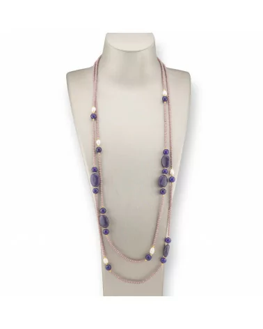 Collana Bijoux Charlestone Di Cristalli CZ Con Pietre Dure E Perle Di Fiume Con Ematite 160cm MOD42 Lilla Giada Viola-DESIGN ITALY | Worldofjewel.com