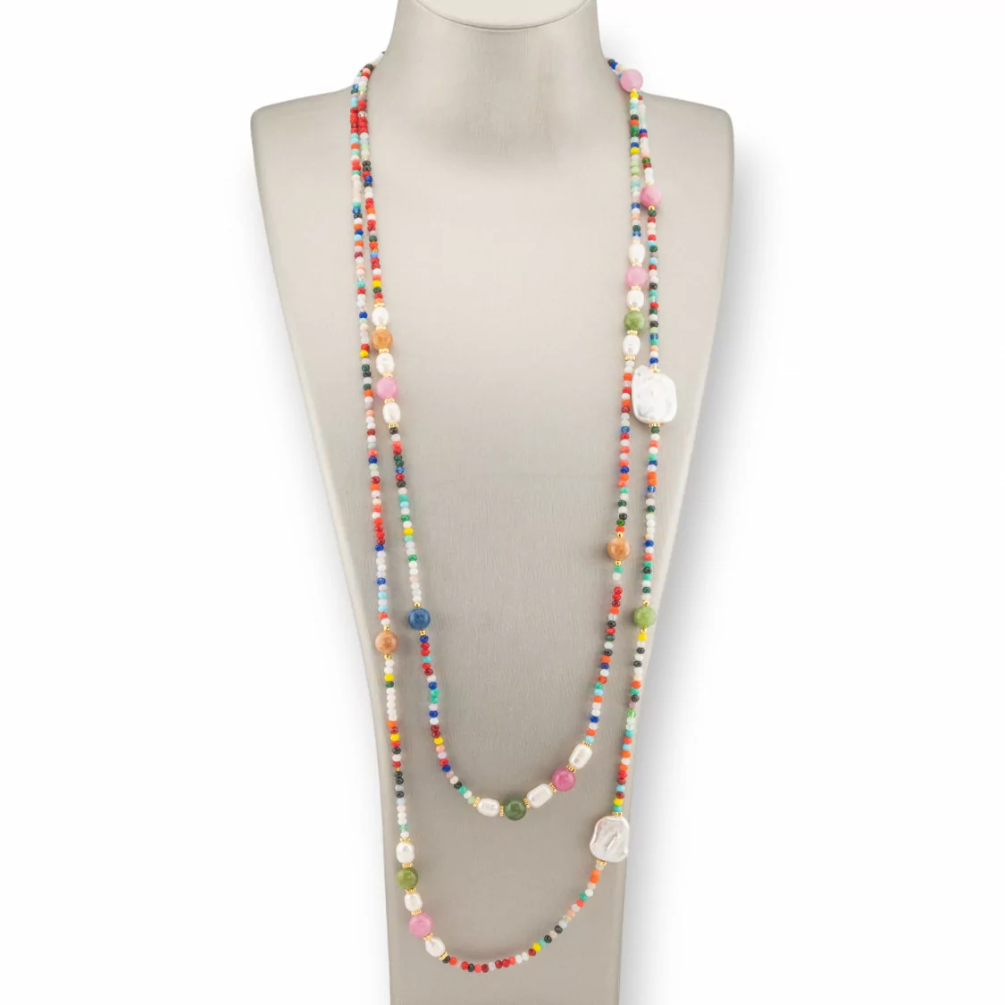 Collana Bijoux Charlestone Di Cristalli CZ Con Pietre Dure E Perle Di Fiume Con Ematite 160cm Multicolor-DESIGN ITALY | Worldofjewel.com