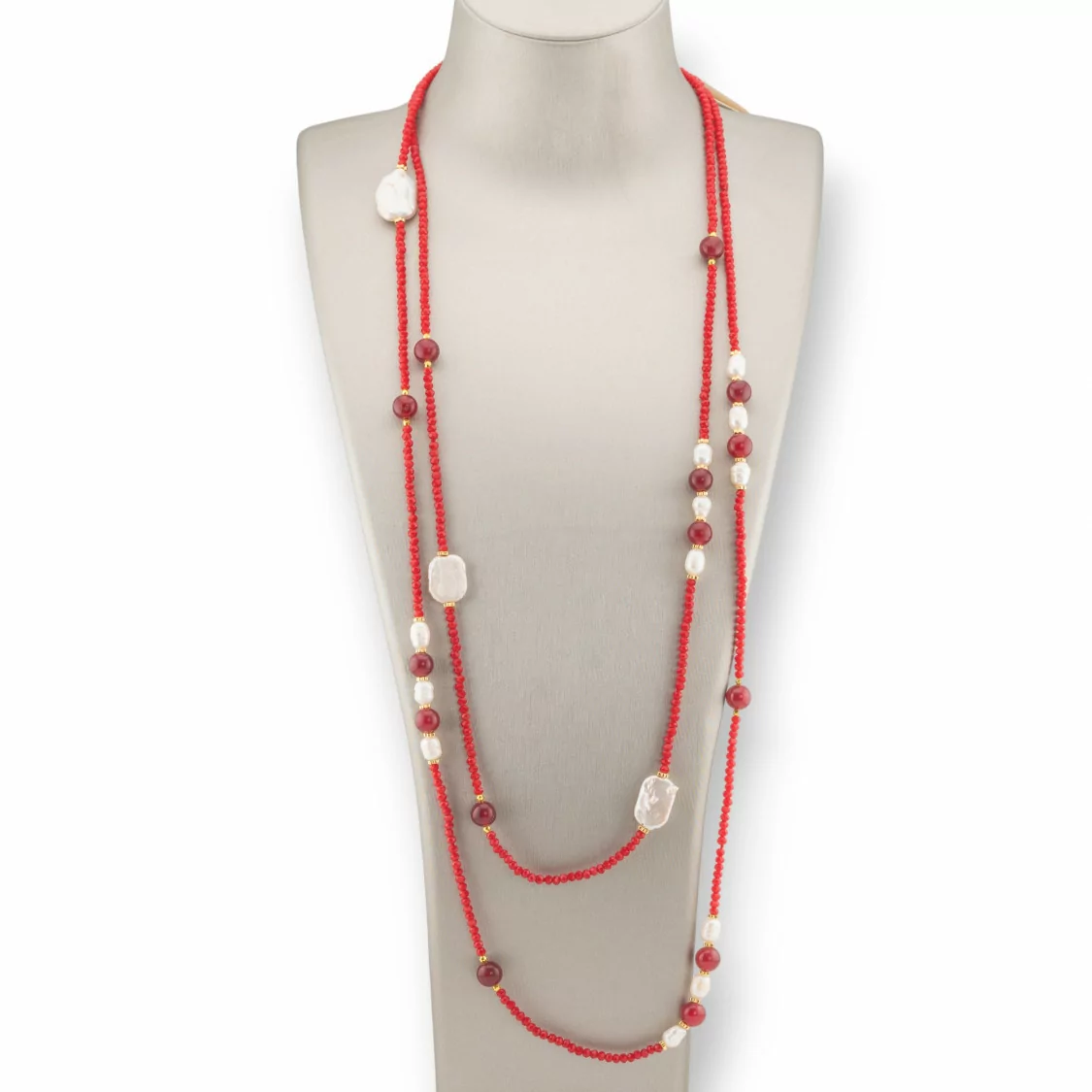 Collana Bijoux Charlestone Di Cristalli CZ Con Pietre Dure E Perle Di Fiume Con Ematite 160cm Rosso-DESIGN ITALY | Worldofjewel.com